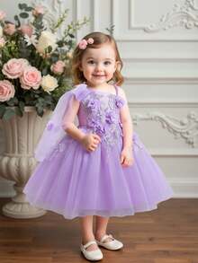 Baby Girls' Bowknot Floral Mesh Cute Birthday Princess Dress For Party Flower Girl, Fabric & Floral Pattern Randomly Cut, Headband Not Included - Mauve Purple - View 4