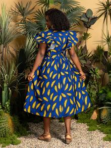 女士圆领荷叶袖 A 字中长连衣裙 - 宽松版型大码日装，适合休闲外出、海滩度假、周末早午餐、公园漫步和日常差事 - 藍色 - 查看 2