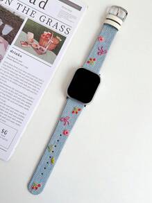 1 Stück Armband mit Stickerei für Damen, Blumen, Kirsche, Waschbares Denim-Leder, passend für Band 38mm 40mm 41mm 42mm 44mm 45mm 49mm S10 42mm S10 46mm, Stylisch, Niedlich, Bequem austauschbares Band kompatibel mit Series Ultra 2