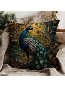 4件套复古桃皮印花靠垫套-油画孔雀，45*45cm（不含内垫）
