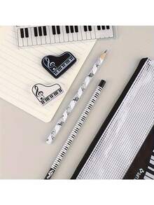 A Set Of 6 Cute Piano-Themed Stationery Items, Featuring Black And White Music Symbols, Includes A Pencil Case, Pencils, A Ruler, And An Eraser. It's Perfect As A Gift For Students During The Back-To-School Season,School Supplies,Back To School - View 5