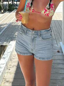 Women's Simple & Versatile Faded Color Denim Shorts, Slimming & Lengthening - Light Wash - View 3