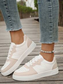 Women's Sports Casual Sneakers, Perforated Bicolor Design White Flat Sports Shoes, Soft Bottom Lightweight, Versatile Casual White Shoes