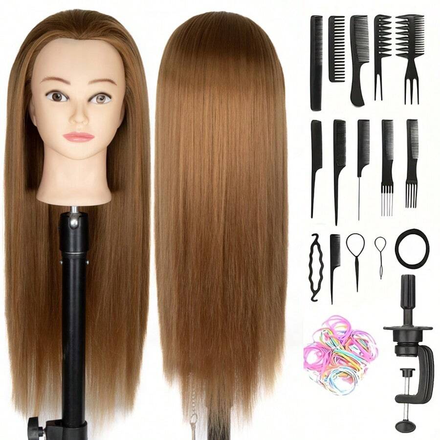 24-Inch Professional Unisex Adult Mannequin Head Wig - 100% Synthetic Fiber Hair, DIY Hairstyling Accessory With Tabletop Clamp