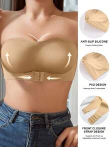 Strapless Bandeau Bras Tube Top Front Closure Wireless Bra Solid Seamless Bra Sexy Comfy Push Up Bra Women's Lingerie Underwear ﻿