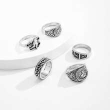 5pcs Retro Fashion Handcrafted Multistone Charm Rings, Men's Rock Hip-Hop Street Style Jewelry Set - Antique Silver - View 3