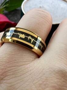 Bague en fibre de carbone noire électrocardiogramme en acier inoxydable, bague ECG dorée pour la déclaration d'amour, alliance de mariage pour hommes et femmes
