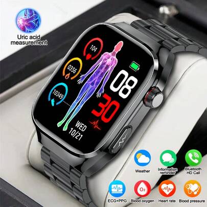 2025 新款男士健康智能手表，2.04 英寸（6.35 厘米）AMOLED 屏幕，ECG、PPG、心率、血压、尿酸监测、睡眠监测智能手表，具有无线通话、语音助手、信息提醒功能，配备 530mAh 超大容量电池，适用于 Android/iOS 女士健身追踪器智能手表，不错的礼物