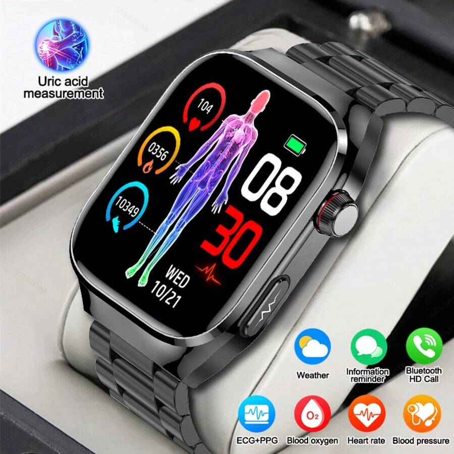 2025 新款男士健康智能手表，2.04 英寸（6.35 厘米）AMOLED 屏幕，ECG、PPG、心率、血压、尿酸监测、睡眠监测智能手表，具有无线通话、语音助手、信息提醒功能，配备 530mAh 超大容量电池，适用于 Android/iOS 女士健身追踪器智能手表，不错的礼物