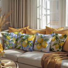 4 pièces Set de housse de coussin thème citron bleu d'été, imprimé sur un seul côté en velours pêche, 45*45CM/18*18 pouces, pour la décoration d'un canapé moderne, la décoration de fête, un cadeau