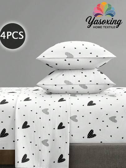 Juego de sábanas de 4 piezas con diseño geométrico de corazones blancos, de microfibra suave, de fácil cuidado (1 sábana plana + 1 sábana ajustable + 2 fundas de almohada). Apto para cama King, Queen, Full y TWIN. Sábana ajustable de bolsillo profundo de hasta 11,8 pulgadas. Suave, transpirable y libre de arrugas. Estilo de hotel de lujo. Regalo para mamá, papá, amigos y de vuelta a la escuela.