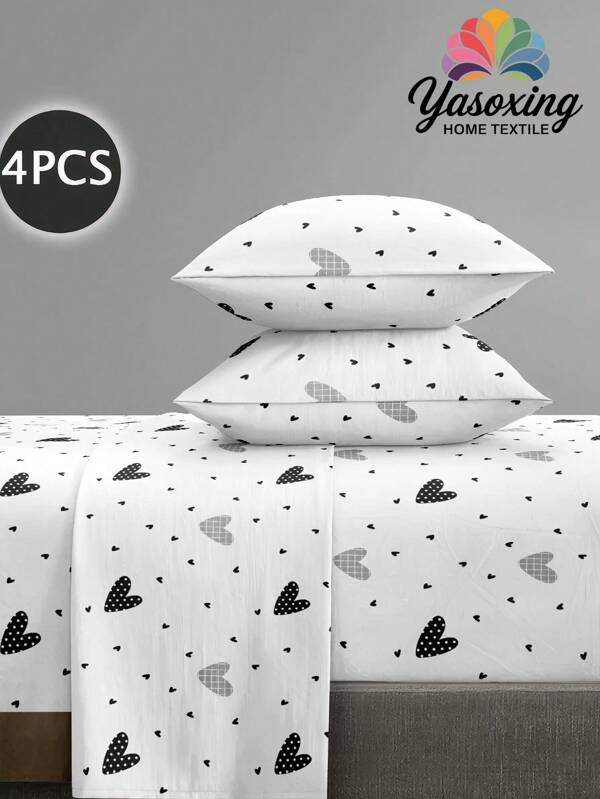 4pcs/Set Geometric White Heart-Shaped Pattern Sheet Set Easy Care Microfiber Soft Bedding Set Floral Fitted Sheet Set (1pc Flat Sheet+1pc Fitted Sheet+2pcs Pillowcases)Fitted Sheet Set King Queen Full TWIN SIZE Sheet Deep Pocket Up To 11.8 Inch Pillowcase, Soft Breathable Wrinkle-Free Better For Sleep, Luxury Hotel Style, Gift For Mom Dad Friend Back School