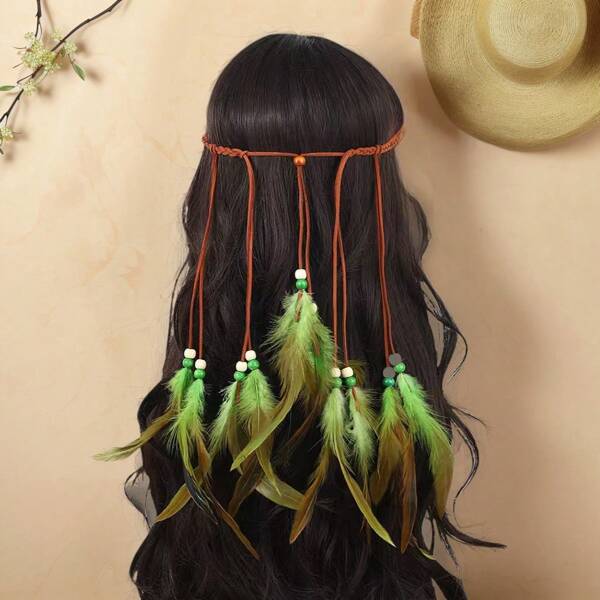 1pc Woven Rope, Wooden Bead & Feather Headband, Handmade Bohemian Style, Suitable For Festivals And Parties
