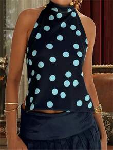Women Y2k Polka Dots Halter Tank Tops Cute High Mock Neck Backless Cami Open Back Camisole Going Out Tops - Màu xanh ngọc - Xem 2