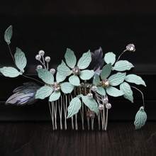 Peine para el cabello con hoja de cristal para novia, adorno para el cabello hecho a mano con inserto verde lateral, accesorio para el peinado decorado con perlas para vestido