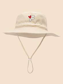 1 pieza Sombrero de sol para niños con patrón de corazón y letra, con cordón ajustable a prueba de viento, estilo casual tipo cubo para uso diario al aire libre, playa, protección solar - Beis - Ver 38