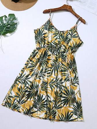 A One-Piece Summer Printed Halter Dress For Girls, Suitable For Daily Casual Wear, Holidays, Birthday Parties, Etc
