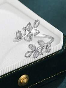 1 件奢华秋叶设计铜色锆石开口戒指,名人灵感,高品质工艺,适合女性办公室、校园、节日、派对、日常佩戴 - 金黃色 - 查看 20