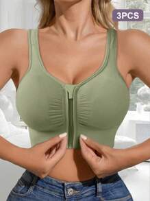 3 pièces Soutien-gorge de sport à fermeture éclair frontale pour femmes, confortable et respirant avec coussinets de poitrine, sous-vêtements de fitness et de yoga
