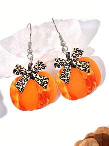 1 Pair Charming Leopard Bow Ribbon & Pumpkin Acrylic Drop Earrings, Perfect Thanksgiving Gift, Cute Holiday Style For Daily Wear, Women
