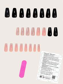 24 peças Kit de Unhas Postiças Francesas de Formato Quadrado Longo, Multicoloridas, Gradiente Brilhante Preto e Rosa, Encaixam Perfeitamente, Unhas Falsas de Cobertura Completa, Inclui 1 Peça folha de Adesivos e 1 Peça Lima Mini, Para Uso Diário, Escritório, Casa, Festa, Acessórios de Joias Femininas, Dicas de Unhas Falsas 1 Peça Tira de Lima, Gel de Gelatina, Envio Aleatório