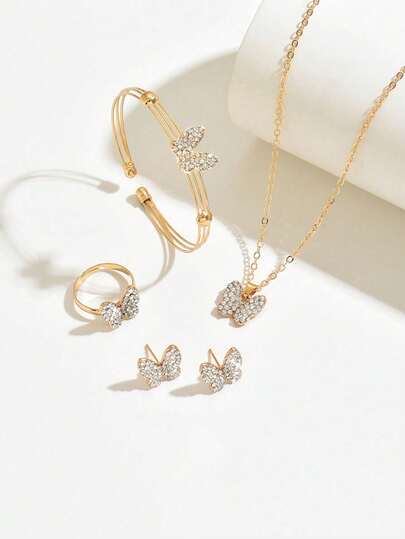 5pcs Set Artificial Diamond Butterfly Fashionable, Versatile, Casual Jewelry Set For Girls