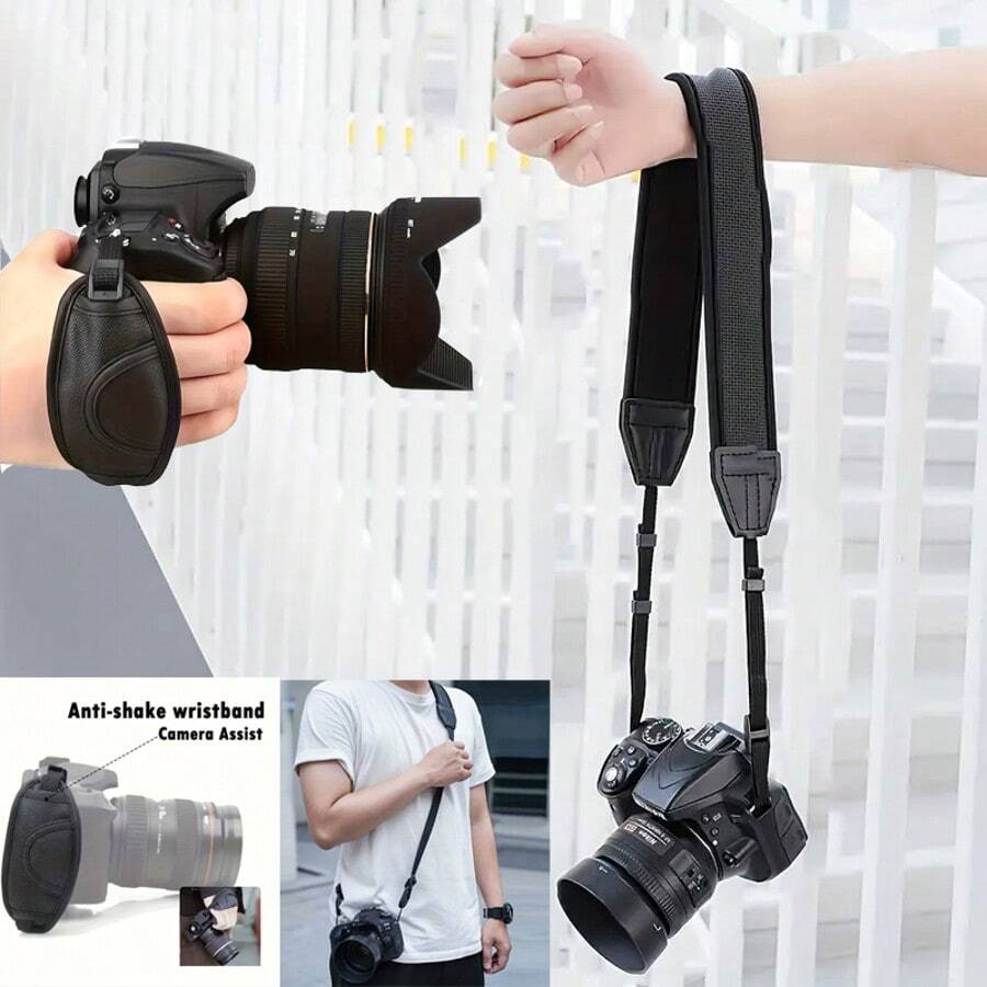 2pcs[3-In-1 Anti Slip Camera Strap] Black Nylon Adjustable Elastic Wristband/Shoulder Strap/Neck Strap Compatible With Canon, Nikon, Olympus DSLR Mirrorless Camera | Secure Grip+Shock-Absorbing Support | DSLR Universal Accessory Anti Slip Portable System