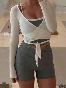Cross Wrap Tie Crop Top For Women Y2k Cropped Top Ruched Shirts Long Sleeve V-Neck Slim Fit Tie Ballet Yoga Workout T Shirts Coquette Blouse Summer Going Out Tops - 白色 - 查看 6