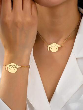 2 件套项链和手链套装，金色金属毕业帽首饰，时尚，开学季礼品