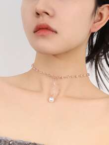 Faux Pearl & Crystal Choker - White - View 11
