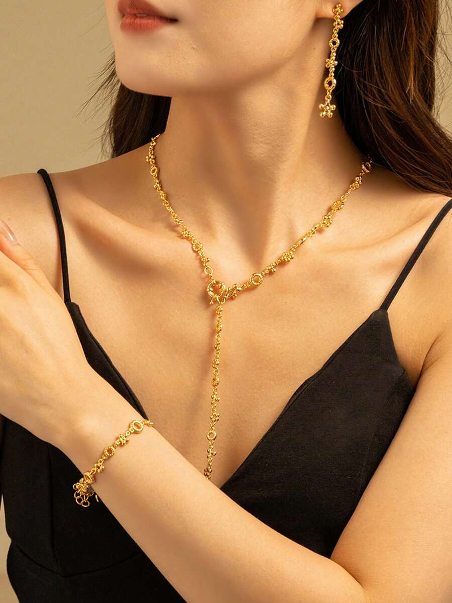 3 件，Y 型长链项链+手链+耳环，铜合金金属空心圆链，适合夏季海滩度假、日常佩戴和节日礼物