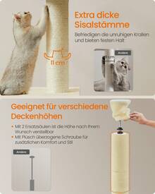 Kratzbaum deckenhoch, 231-291 cm höhenverstellbarer Katzenbaum, XXL, hoher mehrstufiger Katzenkratzbaum, 11 cm Dicke Stämme, Höhle, Liegemulde, Plattform,beige - Beige - Übersicht 4