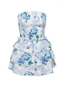 Women Y2K Strapless Short Dress Backless Tube Ruched Ruffle Mini Dress Floral Flowy Sleeveless Bodycon Sundress - 藍色 - 查看 6