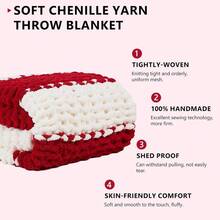 Chunky Knit Blanket - Soft Chenille Yarn Throws 40x50: Handmade Thick Cable Crochet Blanket - Large Chunky Yarn Rope Knot Throw For Couch, Sofa, Bed Home Decor - 紅白色 - 查看 3