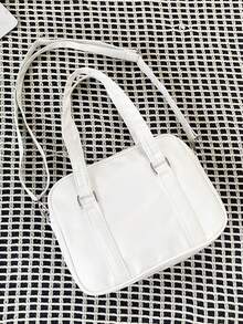 Minimalist Solid Color PU Leather Tote Bag For Women, Simple Fashion OL Commuter Handbag With Large Capacity, Shoulder Bag - White - View 9