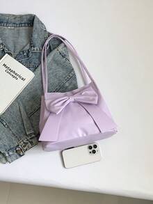 Bolso de cubo de moda nuevo, bolso de hombro con decoración de lazo popular para primavera y verano, bolso de hombro para ir al trabajo, bolso de unicolor, morado - Morado - Ver 8