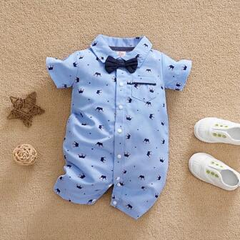 WhaleJoan 1pc Baby Boy Gentleman Style Crown Cartoon Print Short Sleeve Romper, Summer
