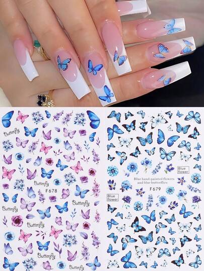 2 piezas Hojas de flores de mariposa azul púrpura coloridas Pegatinas DIY Decoración de calcomanías artísticas péguenlo en su s, aplique una capa de esmalte transparente Top o capa superior en la superficie, y sus + se verán talla grande hermosas y las pegatinas Last durarán tallas largas