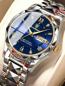 POEDAGAR 1件装时尚男士不锈钢防水夜光手表，带星期和日期显示功能，商务石英表，带表盒，休闲男士腕表，适合日常场合，男士礼物