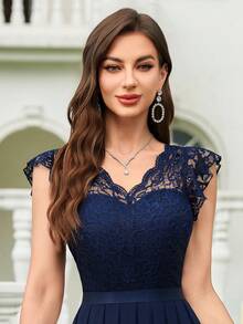 Elegant Lace Bodice V-Neck Scallop Sleeve Contrast Chiffon Pleated Hem Formal Evening Party Long Dress, Homecoming Dress, Wedding Guest Dress, Bridesmaid Dress, For Birthday, Graduation, Formal Events