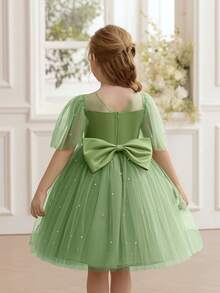 小女孩珍珠装饰网眼袖蝴蝶结派对礼服，优雅公主风格，适合女孩、生日礼物、派对、表演、花童礼服、婚礼、节日庆典 - 薄荷綠 - 查看 2