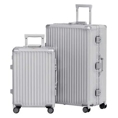 Luggage Set 20+28 Inch 2 Piece Aluminum Frame , ABS+PC Hard Shell Lightweight Rolling Suitcase With Universal Wheels & TSA Lock For Travel & Business Silver