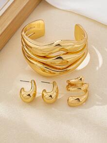 4件套简约时尚金色花卉几何水滴线条手链、戒指、耳环首饰套装，适合女性，厚实光滑的金属和锌合金材质。 - 銀色的 - 查看 9