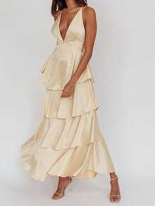 Women Summer Stylish Slip Dress, Sleeveless V-Neck Backless Tie-Up Layered Long Dress For Cocktail Party - 黃色 - 查看 6