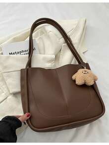 1pc Pu Material With Plush Star Pendant, Simple Solid Color Patchwork, 10 Capacity Women Tote Bag, Shoulder Bag, Handbag, Suitable For Ladies Daily Use, Business Travel, Multi-Functional Bag, Small Gift For Best Friends - Multicolor - View 8