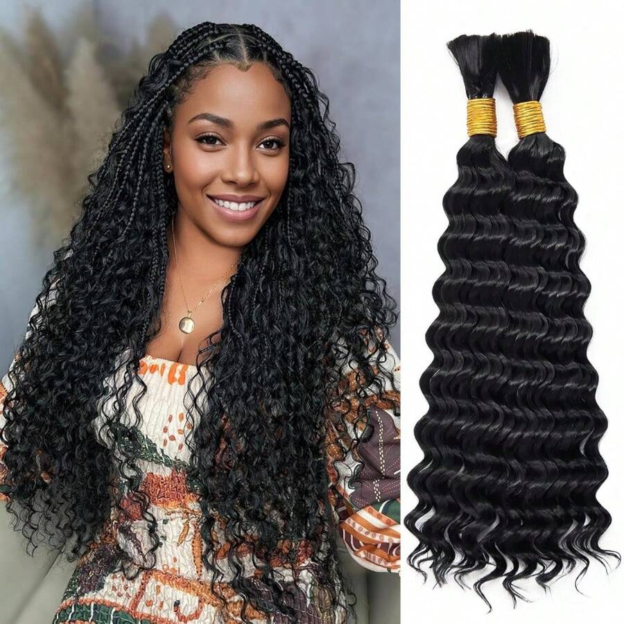 Deep Wave Bulk Hair For Braiding 20 Inch 2 Bundles 110g Natural Black Curly Braiding Hair For Boho Braids No Weft Wet And Wavy Braiding Hair Extensions (#1B,55g/Bundle) - Natural Black - View 1