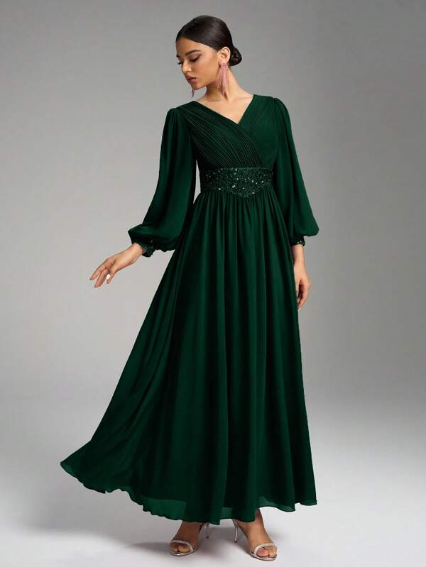 SUPGIR V-Neck Pleated Waist Pearl Decor Lantern Sleeve Maxi Chiffon Formal Dress