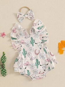 0-18 Months Baby Girl Romper Cactus Flower Cow Pattern Ruffled Flying Sleeve Newborn Jumpsuit Perfect For Summer - 杏色 - 查看 2