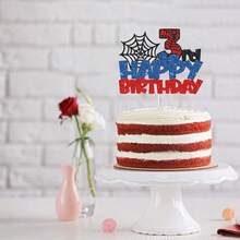 适合 1-9 岁儿童的蜘蛛生日蛋糕装饰，蜘蛛网主题生日快乐蛋糕装饰，生日派对浴室装饰用品 - 彩色 - 查看 4