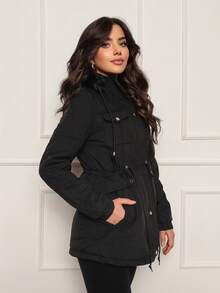 Women's Twill Parka Coat Plush Lined Overcoat Winter Fashion - 黑色 - 查看 6